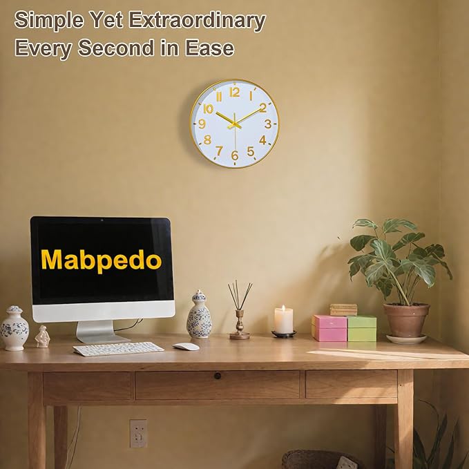 Gold Wall Clock, 8 Inch Wall Clocks Battery Operated, Round Modern Non Ticking Silent Digital Analog Small Wall Clock for Bedroom Living Room Kitchen Office Gym Classroom Outdoor Clocks