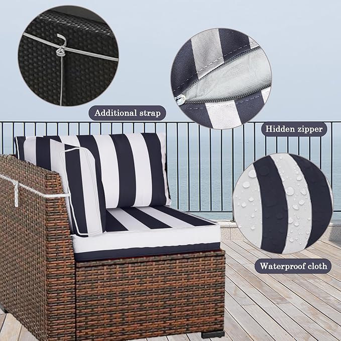 Outdoor Furniture Replacement Cushions, 14 Pcs Water-Resistant Replacement Sofa Cushion for Patio Garden Porch (Liner&Cover,Only Cushions No Sofa) (Navy Blue and White Stripes)