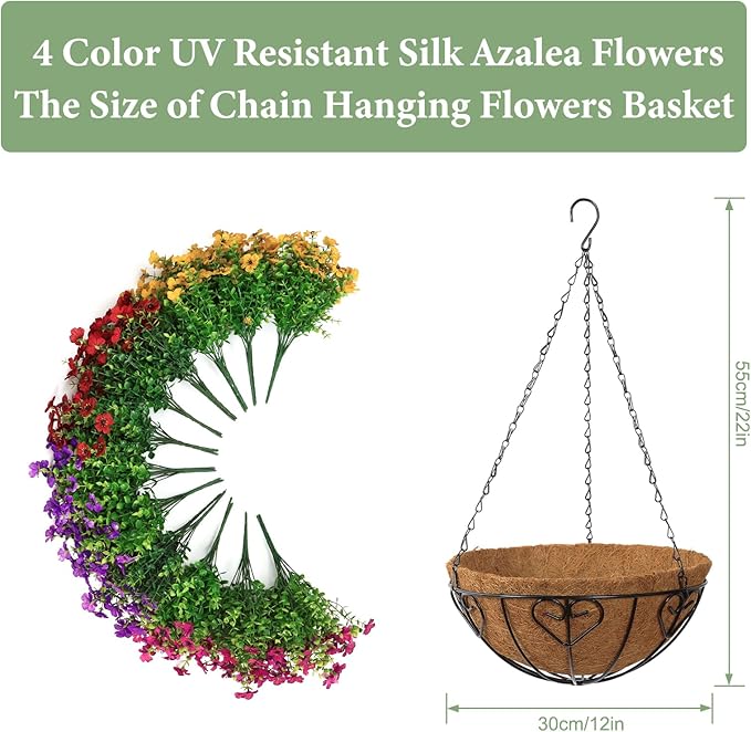 Alynsehom 2 Set Artificial Flowers with Hanging Basket, 2 Outdoor Hanging Plants with 24pcs Faux UV Resistant Fake Silk Azalea in Baskets for Porch Garden Patio Balcony Yard Home Decor(4 Colors)