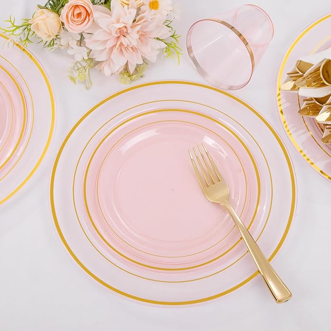 WELLIFE 210Pcs Clear-Pink Plastic Dinnerware- Pink and Gold Plastic Dinnerware include 30 Dinner Plates, 30 Dessert Plates, 90 Gold Silverware, 30 Cups and 30 Napkins Perfect for Parties