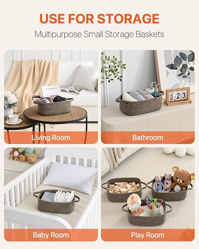KALLAX Small Woven Basket, 12 x 8 x 4.5 Inches, Small Storage Baskets for Organizing, Gift Baskets Empty, Cute Rope Shelf Closet Storage Bins for Shelves, Dog Toy Basket, 3 Packs, Black & Brown Mixed