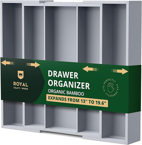 ROYAL CRAFT WOOD Luxury Bamboo Kitchen Drawer Organizer - Silverware Organizer - Utensil Holder and Cutlery Tray with Grooved Drawer Dividers for Flatware and Kitchen Utensils (5 Slot, Gray)