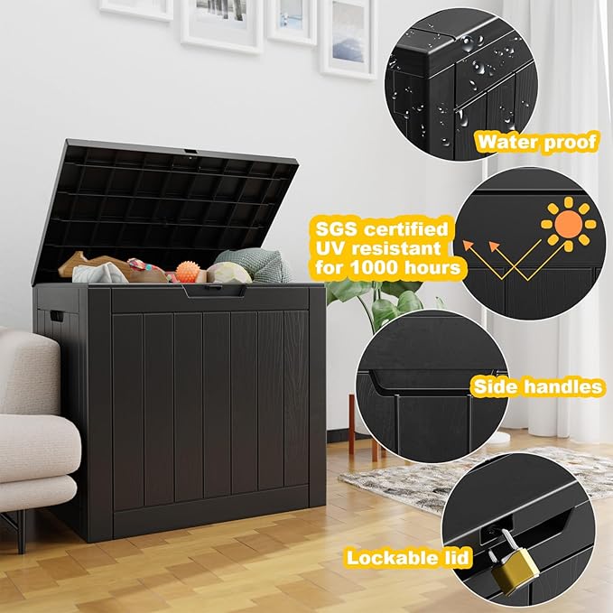 30 Gallon Deck Box,Resin Outdoor Storage Box with Lockable for Patio Furniture, Garden Tools Waterproof Outside Storage Box (Black)