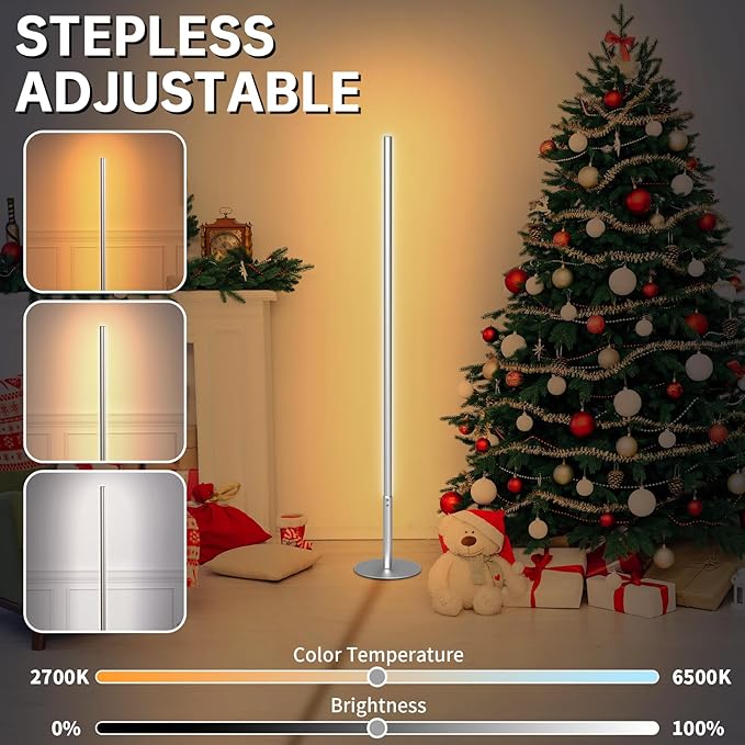 Marlrin Minimalist Corner Floor Lamp 2-Pack, 2700K-6500K Dimmable with Remote Control, 57.8" Metal Slim Ambient Standing LED Light, Modern Design Decorative Lamp for Living Room Bedroom (Silver)