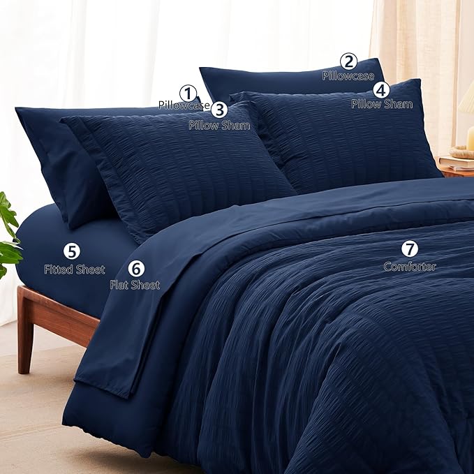 CozyLux Full Size Comforter Sets with Sheets Seersucker 7 Pieces Navy Blue Bed in a Bag Textured Luxury Soft Bedding Set with Down Alternative Comforter, Sheets, Pillowcases & Shams for All Seasons