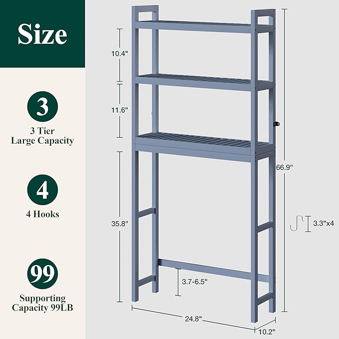 Smiry Over The Toilet Storage Cabinet, 3-Tier Bamboo Bathroom Organizers with Adjustable Shelf & 4 Hooks, Space Saving Shelf Rack for Bathrooms, Laundry Room, Balcony, Grey