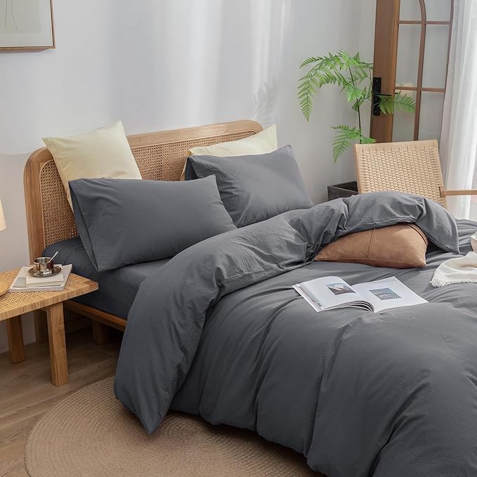 BESTOUCH Duvet Cover Set 100% Washed Cotton Linen Feel Super Soft Comfortable Chic Lightweight 3 PCs Home Bedding Set Solid Quiet Shade Grey Super Queen