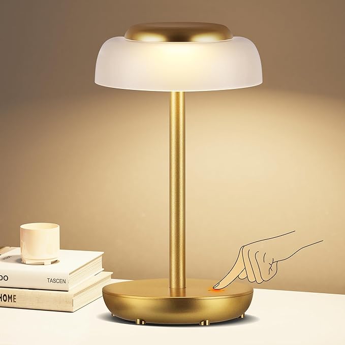 QiMH Battery Operated LED Table Lamp, 5000mAh Rechargeable Cordless Lamp, Stepless Dimmable Touch Control, Small Waterproof Desk Night Light for Living Room, Bedroom, Outdoor Bar (Gold)
