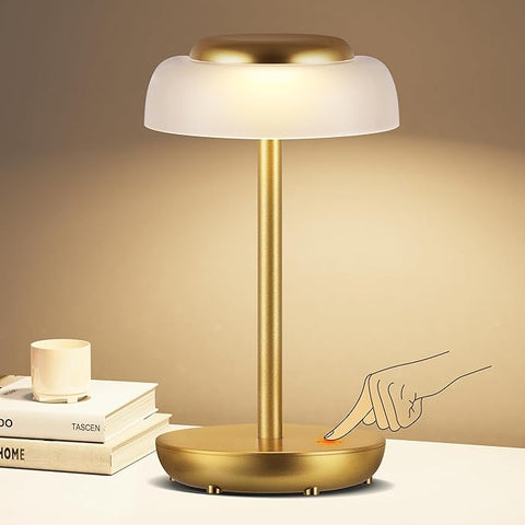 QiMH Battery Operated LED Table Lamp, 5000mAh Rechargeable Cordless Lamp, Stepless Dimmable Touch Control, Small Waterproof Desk Night Light for Living Room, Bedroom, Outdoor Bar (Gold)