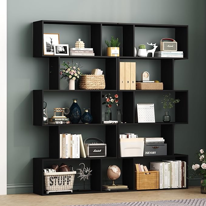 Yusong Bookshelf 5-Tier, Geometric Bookcase S Shaped Book Shelves for Bedroom, Modern Wood Decorative Display Shelf Book Case for Home Office, Black