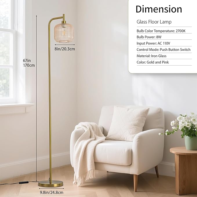 MAYNA Glass Floor lamp Living Room, Modern Vertical lamp, Remote Control Switch with Glass lampshade, 67-inch high lamp Suitable for Bedroom and Study (2700K LED Bulb Included)