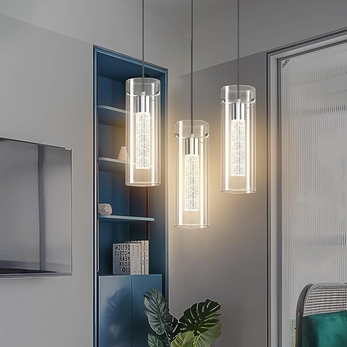 Aipsun Pendant Lights Kitchen Island 3 Pack Crystal Bubble Glass Hanging Light Fixtures 3000K Modern LED Kitchen Pendant Lighting Fixtures Ceiling