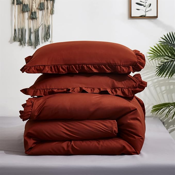 Luxlovery Burnt Orange Ruffle Comforter Set Twin Farmhouse Rust Orange Bedding Comforter Set Shabby Caramel Chic Blanket Quilts Ruffed Reddish Orange Bedding Set for Women Men Adults Kids