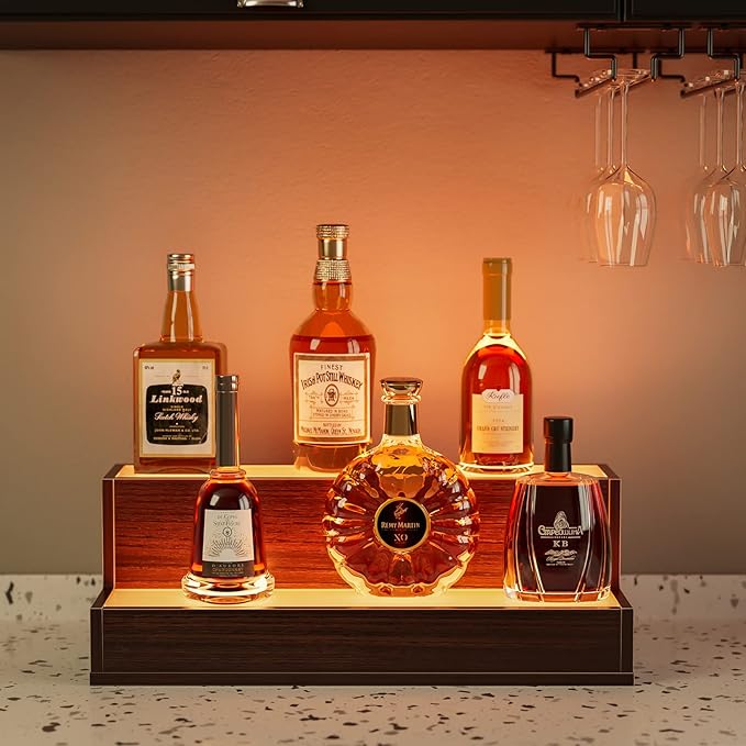 LED Lighted Bar Liquor Shelves, 20 Inch Bar Bottle Display Shelf with App & Remote Control, 2 Tier for Home Bar, Party, Walnut