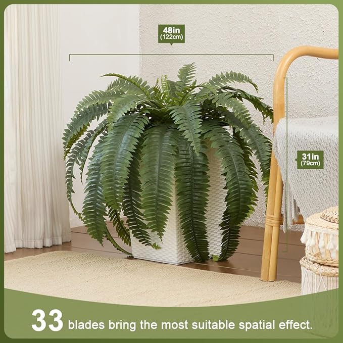 Artificial Boston Ferns 48" UV Resistant Faux Ferns with 33 Fronds for Outdoors - Large Fake Plants for Home, Garden, Front Porch and Hanging Decor - Lifelike Greenery for Indoor Spaces,2pcs VN141