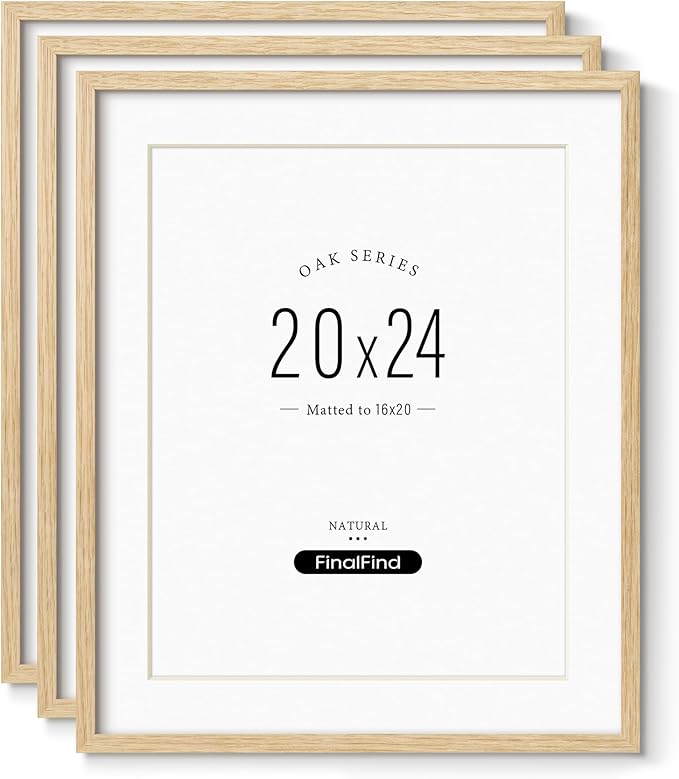 Minimalist 20x24 Picture Frame Matted to 16x20 Set of 3, Natural Solid Oak Wood Poster Frame, Lightweight for Wall Mounting(3 Pack, Oak)