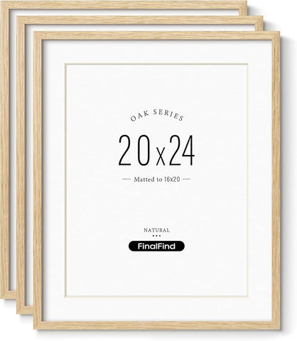 Minimalist 20x24 Picture Frame Matted to 16x20 Set of 3, Natural Solid Oak Wood Poster Frame, Lightweight for Wall Mounting(3 Pack, Oak)