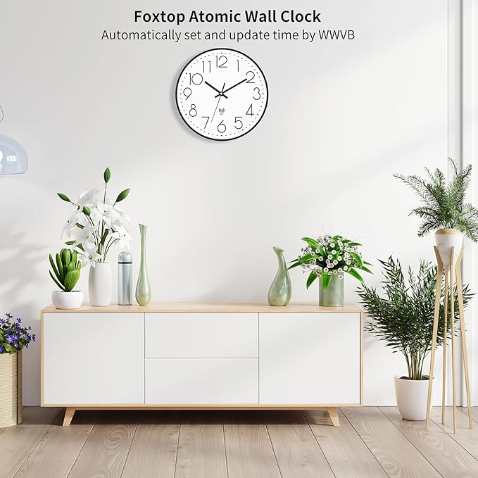 Foxtop Atomic Wall Clock Battery Operated Round Analog Modern Wall Clock Sets Automatically for Office Classroom Bedroom Kitchen Living Room (Black)