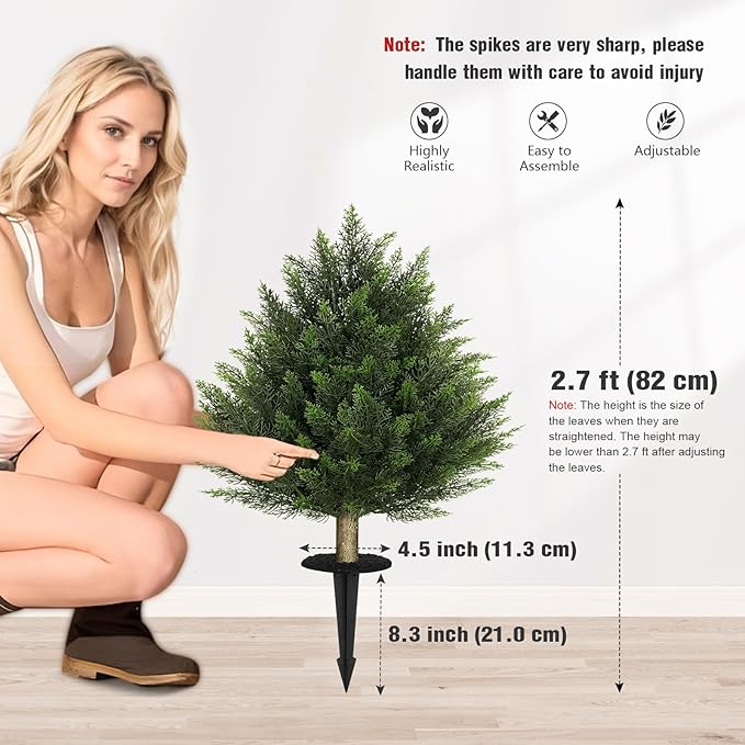 24 Inch 2 Set Artificial Cypress Topiary Tree, Outdoor Indoor Faux Boxwood Bush Plants, Fake Cedar Potted with Ground Spike for Home Front Porch Decor Outside Garden