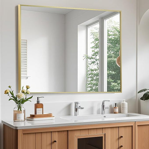 Brushed Gold Mirror, 40x30 Inch Aluminum Framed Rectangle Mirror, Anti-Rust, Tempered Glass, Square Corner Wall Mirror for Over Sink, Vanity, Bedroom, Entryway, Horizontal/Vertical