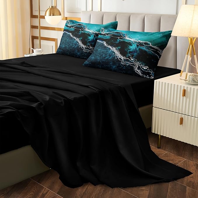 Black Marble Comforter Set 8 Pcs Turquoise Blue Bedding Set Queen Size Bed in A Bag Blue and Black Stone Texture Abstract Room Decor Black Marble Bed Comforter