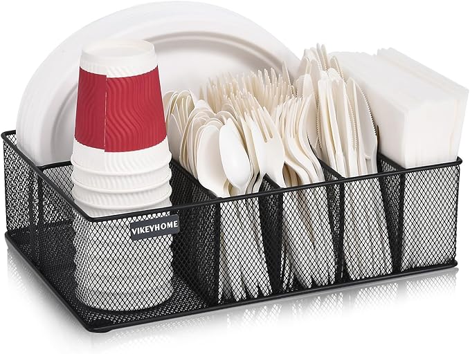 Paper Plate Organizer for Countertop, Metal Silverware Caddy with 6 Compartments for Cup, Napkin, Utensil Holder Caddy for Party, Camping, Picnic