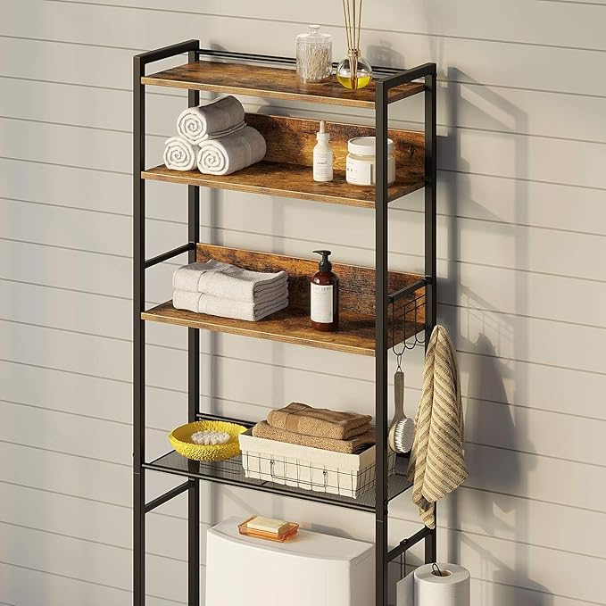 Rolanstar Over The Toilet Storage 4-Tier, Freestanding Bathroom Organizer, Sturdy Behind Toilet Rack with Hooks, Space-Saving Design, Fits Most Toilets, Rustic Brown