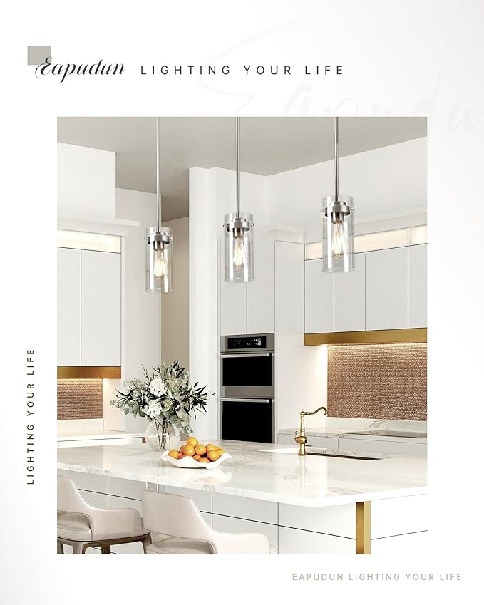 EAPUDUN Pendant Light (2 Packs), Kitchen Lights Ceiling Hanging, Kitchen Light Fixtures Brushed Nickel Finish, Farmhouse Pendant Lighting for Kitchen Island Room-PDA1353-B-BNK