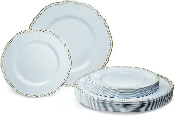 " OCCASIONS " 50 Plates Pack (25 Guests)-Heavyweight Wedding Party Disposable Plastic Plate Set -25 x 10.25'' Dinner + 25 x 7.5'' Salad/dessert plates (Rochelle Blue and Gold)