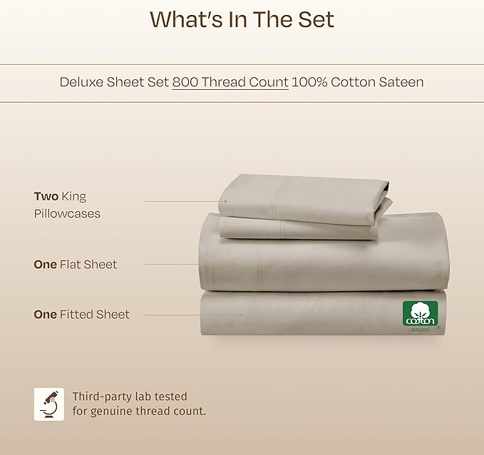 California Design Den Deep Pocket King Sheet Set - Luxury 800 Thread Count Sheets King, 100% Cotton Sateen Bedding Set - Cooling & Softer Than Egyptian Cotton Sheets (Beige)