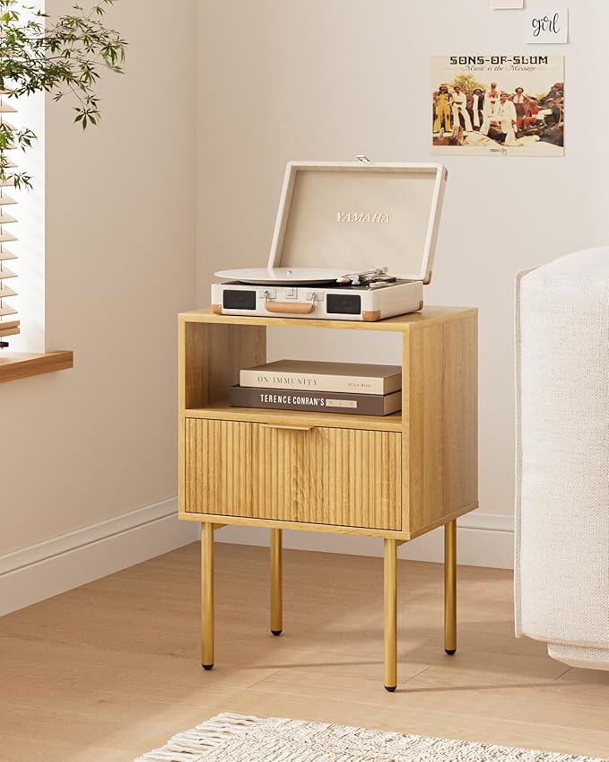 Nightstand,Morden Bedside Table with Gold Frame,Small White Night Stand,End Table,Bedside Furniture,Side Table with Drawer and Shelf for Bedroom,Living Room (1Drawer, Oak)
