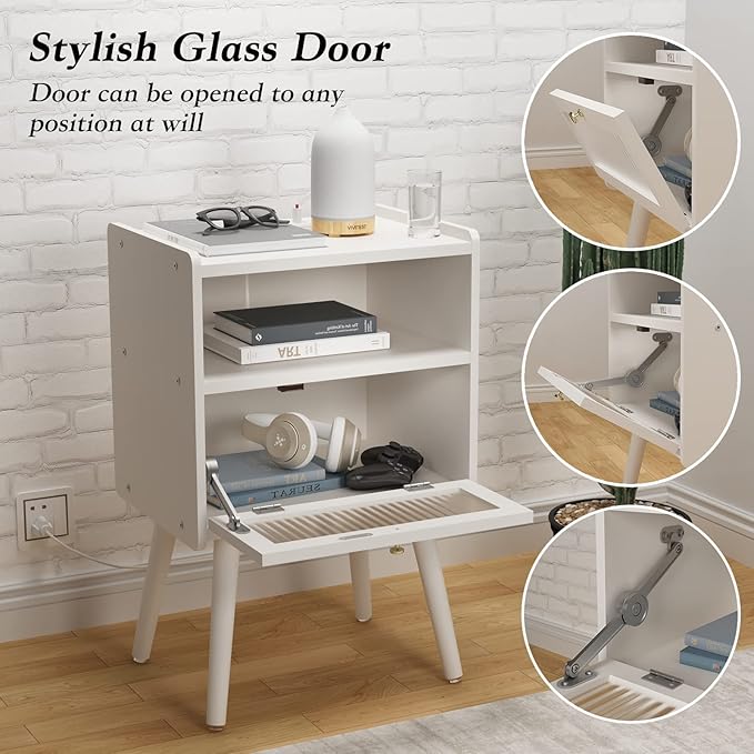 Mid Century Modern Nightstand with Charging Station, Bedside Tables with Glass Decorative Door, End Table Side Table with 2 Tiers Storage Space, for Bedroom, Living Room, White