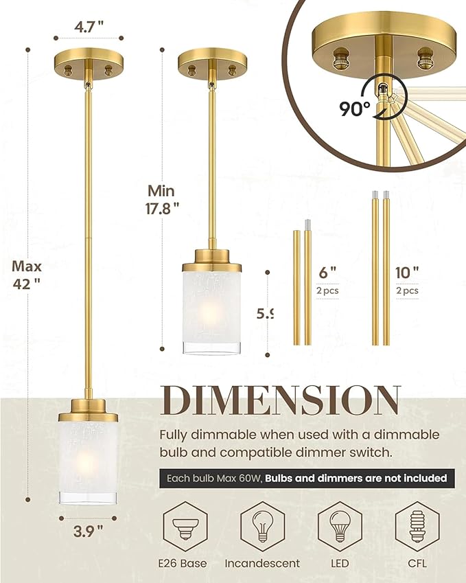 TENGXIN Modern Pendant Light for Kitchen Island, Brushed Gold Hanging Ceiling Light Fixture,Farmhouse Pendant Lighting for Dining Room Bedroom Bar Office 2Pack,TXPLBG01-2PK