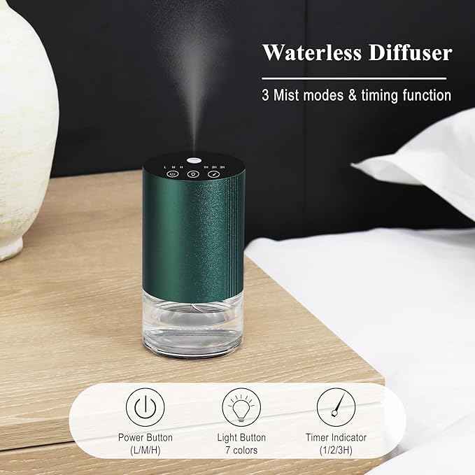 Essential Oil Diffuser, Waterless Scent Diffusers for Home Large Room, Rechargeable Atomizing Humidifier with 7-Color Night Light, Ultrasonic Air Freshener Machine (Green)