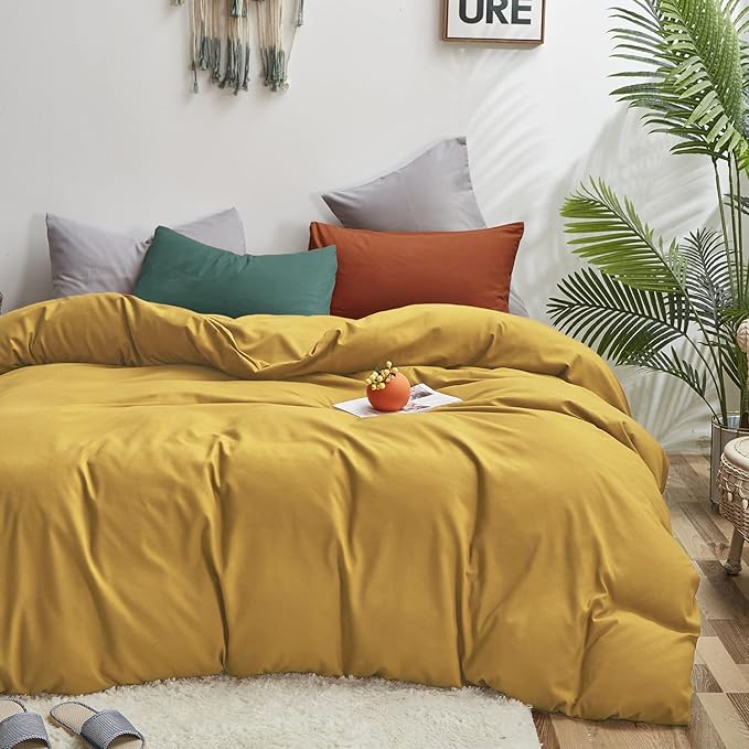 Luxlovery Mustard Yellow Comforter Set Queen Modern Bright Yellow Bedding Comforter Set Full Soft Cozy Breathable Quilts 1 Yellow Comforter+1 Green 1 Caramel Pillowcase for Adults Kids