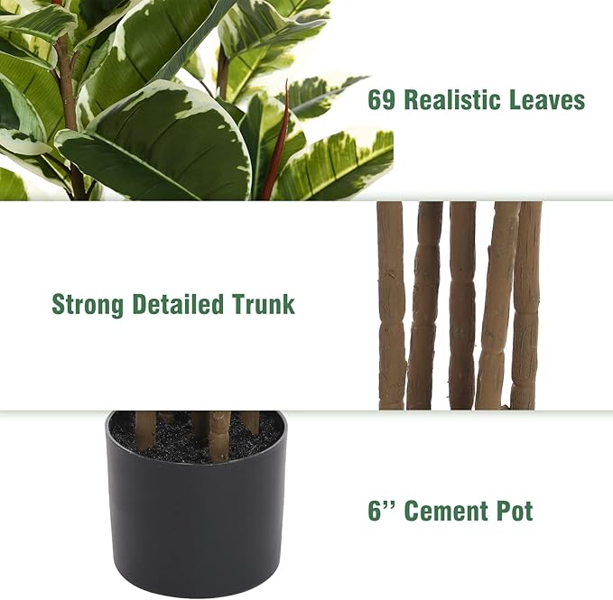 Artificial Rubber Tree Plant 6ft Tall Faux Ficus Tree Potted Fake Tropical Plants Decorative House Plants Large Floor Artificial Trees for Home Office Store Room Decor