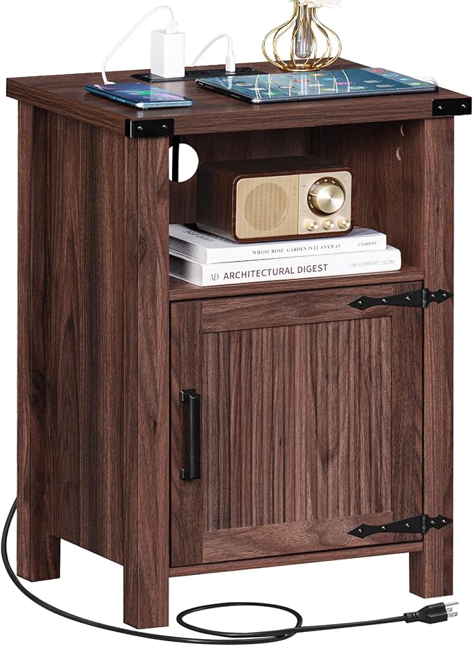 Night Stand, 18 Inch Farmhouse Nightstand with with Charging Station and USB Port, Rustic Couch End Table with Magnetic Door, Wood Bed Side Tables for Bedroom, Home, Brown Walnut