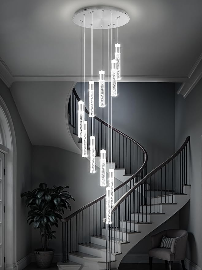 Crystal Bubble Column Chandeliers 110in Long Spiral Crystal Chandelier for High Ceiling Modern LED Foyer Ceiling Chandelier Dimmable 3000-6000K 10-Lights Silver
