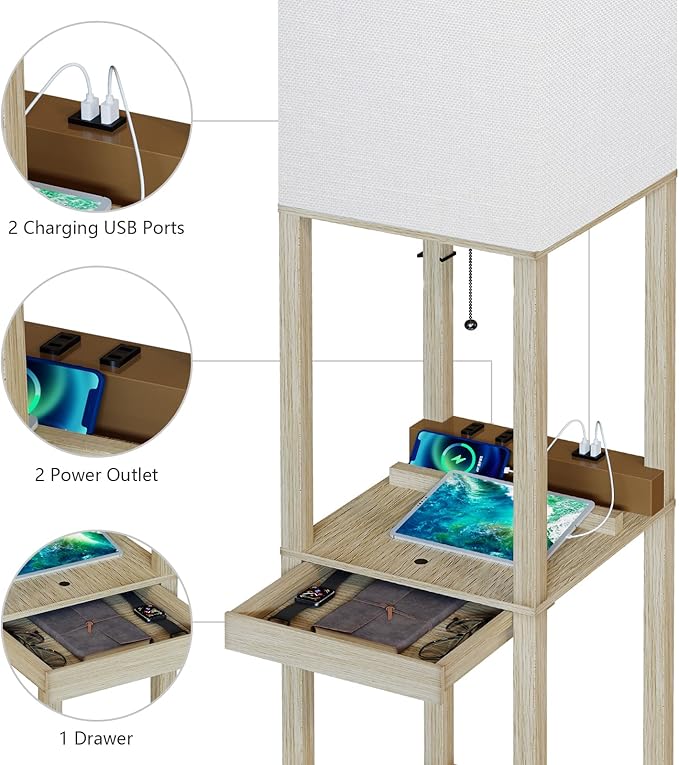 SUNMORY Floor Lamp with Shelves,Modern Dimmable Wood Standing Lamp with 1 Drawer and 2 USB Ports & 2 Power Outlet,Corner Tall Bookshelf Lamp for Living Room and Bedroom(Wood Color)