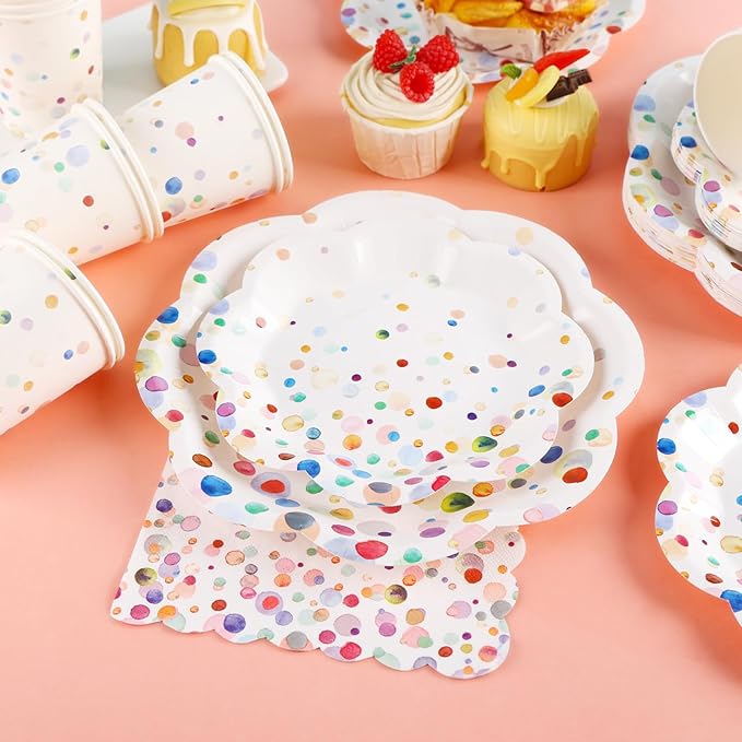 200PCS Confetti Plates Disposable Tableware Set - 50 Large & Small Colorful Polka Dot Plates, 50 Paper Cups, 50 Napkins - Perfect for Birthday Parties