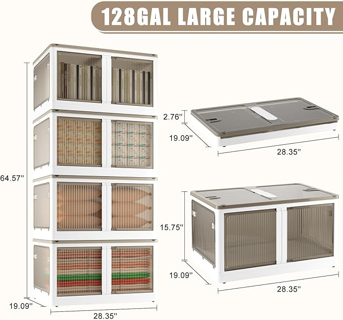 128 GAL Large Plastic Stackable Storage Bins with Wheels and Lids - Collapsible Closet Organizer for Bedroom, Kitchen, Office
