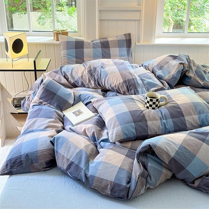 VM VOUGEMARKET Blue Plaid Duvet Cover Sets Queen,Soft Washed Cotton 3 Pieces Gingham Duvet Cover with Zipper Closure for Teen Boys Girls Simple Modern Bedding Set (Blue/Grey/Beige)