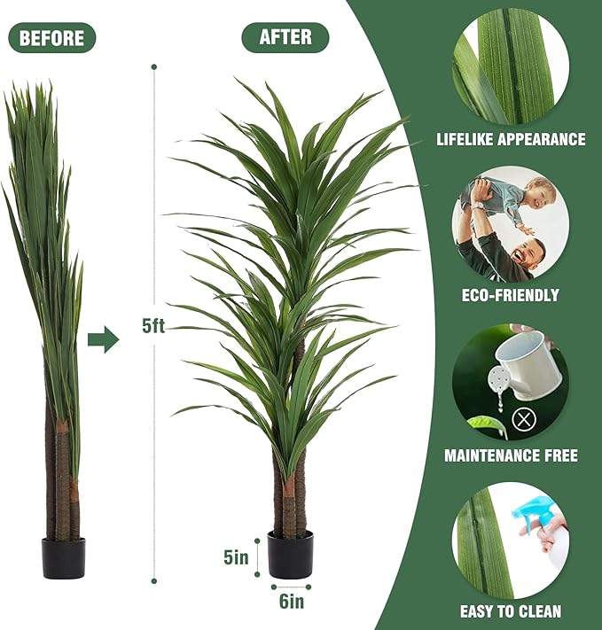 Dracaena Silk Plant Corn Stalk 5ft Tall Faux Plants Indoor Large Fake Plants Potted Yucca Tree Tropical Floor Plants Artificial Silk Palm Trees for Home Office Store Decor Housewarming Gift