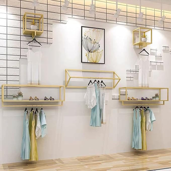 Metal Garment Racks in Boutique Clothing Stores Display,Wall-Mounted Hanging Potted Plants Clothes Shelf in Home,Towel Rack for Bathroom Storage Shelves (Gold, 11.8" L)