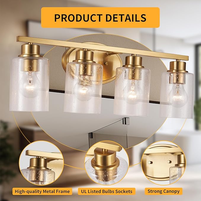 Modern Brushed Gold Bathroom Vanity Light Fixtures Over Mirror, 4 Light Rectangular Wall Mount with Clear Seeded Glass, Anti-Rust, 24.02 x 11.61 x 8.07 inches