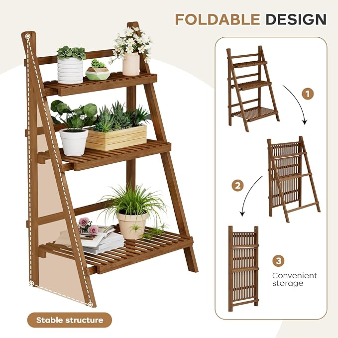 Bamboo Ladder Shelf Plant Shelf, 3 Tier Foldable Ladder Flower Pot Display Shelf Rack, Freestanding Ladder Bookshelf for Garden, Balcony, Yard, Patio, Lawn, Living Room, 23.6"W x 15"D x 39.4"H, Walnut