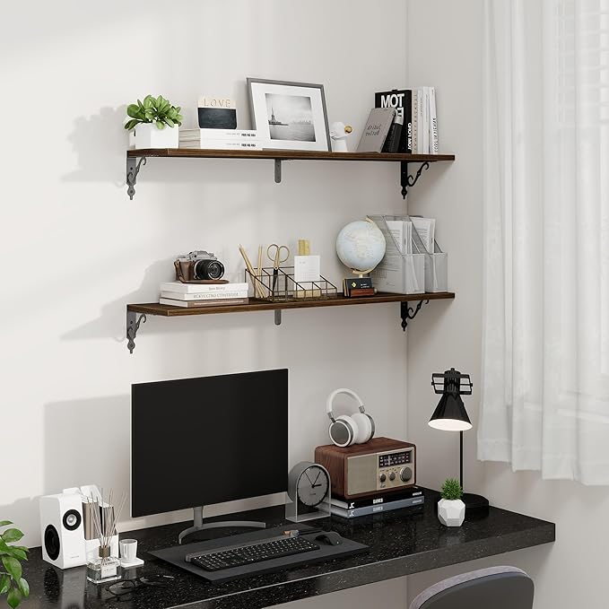 Fun Memories 40 Inch Floating Shelves Wall Mounted, 8 Inch Deep Wall Shelves with Bracket, Rustic Hanging Bookshelf, 40" Bookshelves for for Living Room, Kitchen and Bedroom, Walnut, Set of 2