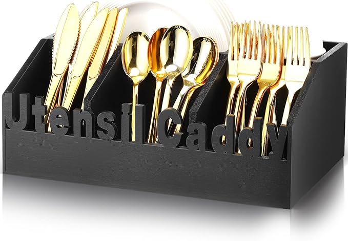 12.6 in Wooden Paper Plate Dispenser Black Utensil Caddy Silverware Napkin and Utensil Holder Rustic Large Silverware Holder for Kitchen Counter
