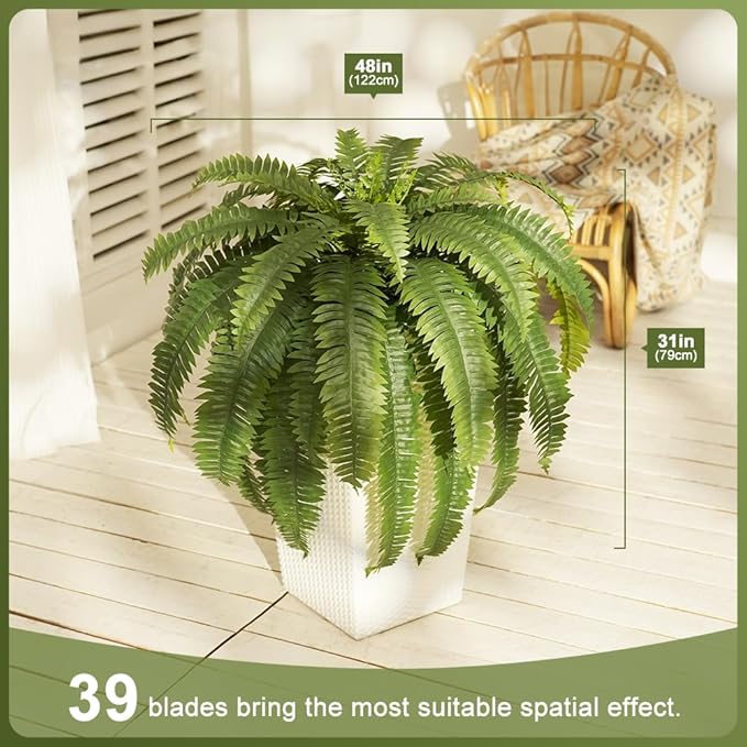 Artificial Boston Ferns 48" UV Resistant Faux Ferns with 39 Fronds for Outdoors - Large Fake Plants for Home, Garden, Front Porch and Hanging Decor - Lifelike Greenery for Indoor Spaces,4pcs VN141