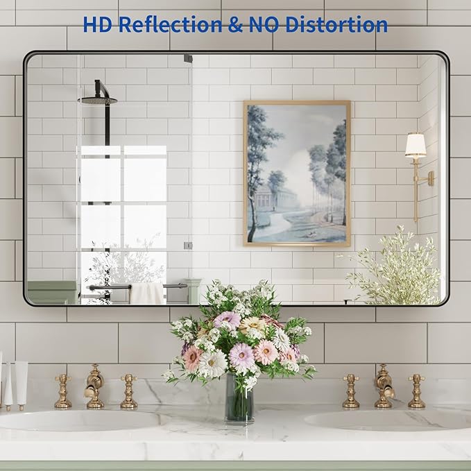 WEER Black Bathroom Mirror for Wall, 40X24 Inch Matte Black Mirror, Rectangular Black Metal Framed Vanity Mirror with Tempered Glass, Rounded Corner, Anti-Rust (Horizontal/Vertical)